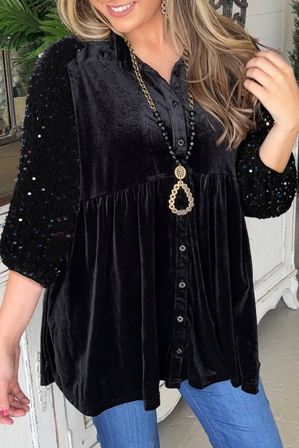 The Maria Black & Sequin Babydoll Top