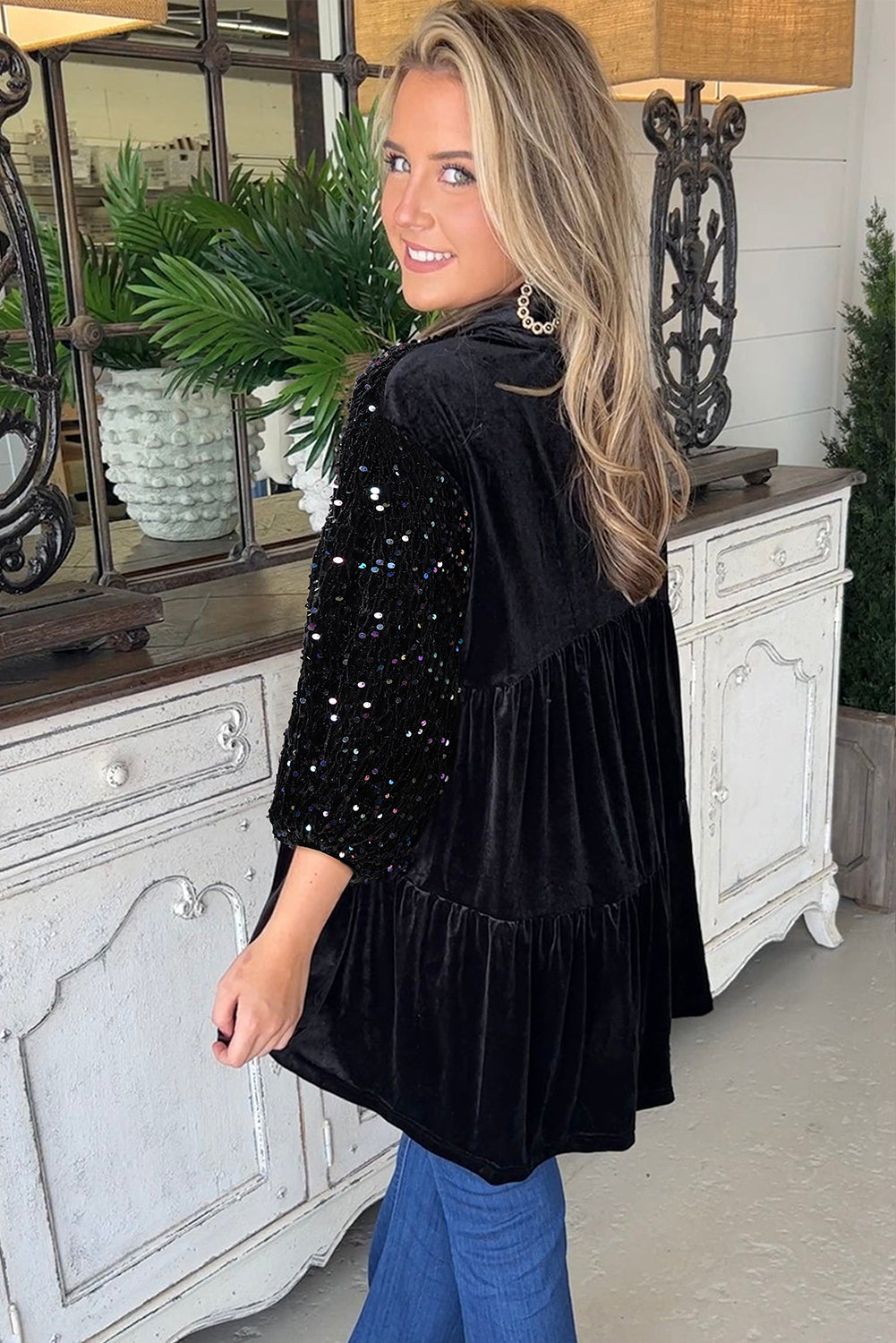 The Maria Black & Sequin Babydoll Top