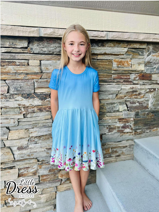 Blue Ombre Wildflower Short Sleeve Twirl Dress