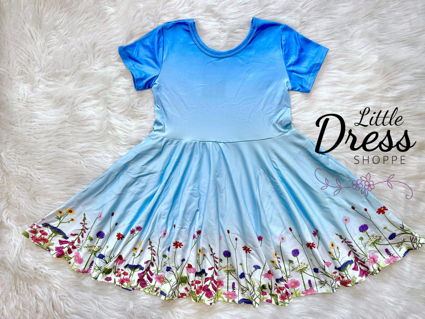 Blue Ombre Wildflower Short Sleeve Twirl Dress