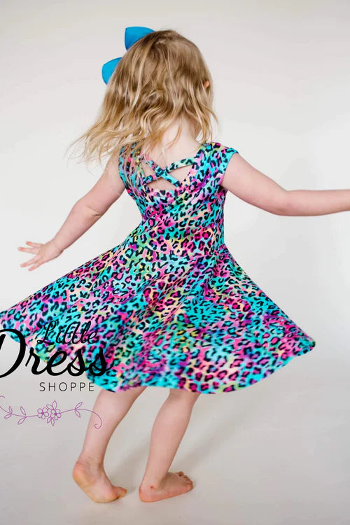 Neon Rainbow Leopard Twirly Tank Dress